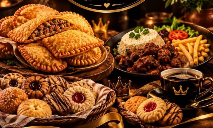 Mesa da Rainha da Massa com pastéis, pratos e bolachas